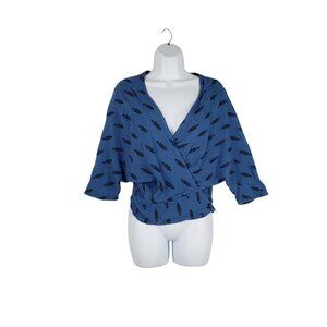 HEEL Athens Lab Dolman Wrap Top Blue Embroidered Half Sleeve One Size OS